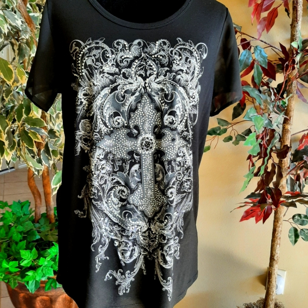DOCAL Rhinestone Embellished Black Top, Size: Large